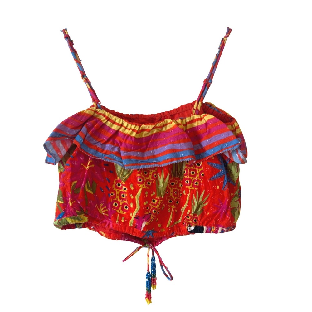 Farm Rio Crop Top Size L Red Tropical Beaded Tassel Ruffle Boho Beach Festival